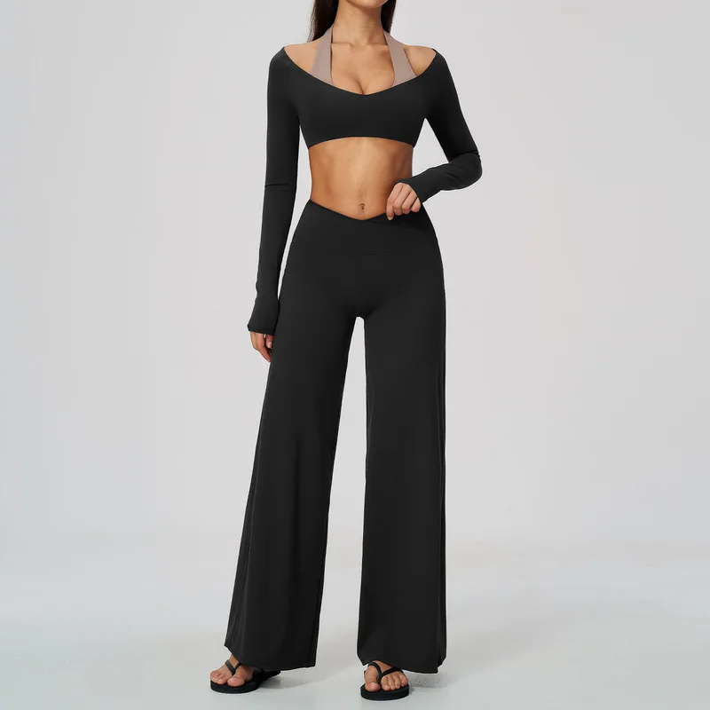 Women Faux Two Piece Sports Suit Halter Neck Long Sleeve Top V Cross Waist Wide Leg Pants Peach Hip Slim Fit Outfit Training