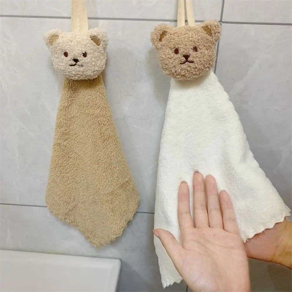 Cute Quick-Dry Bear Hand Towels Absorbent Hanging Fingertip Towels Soft Cartoon Handkerchief Kitchen