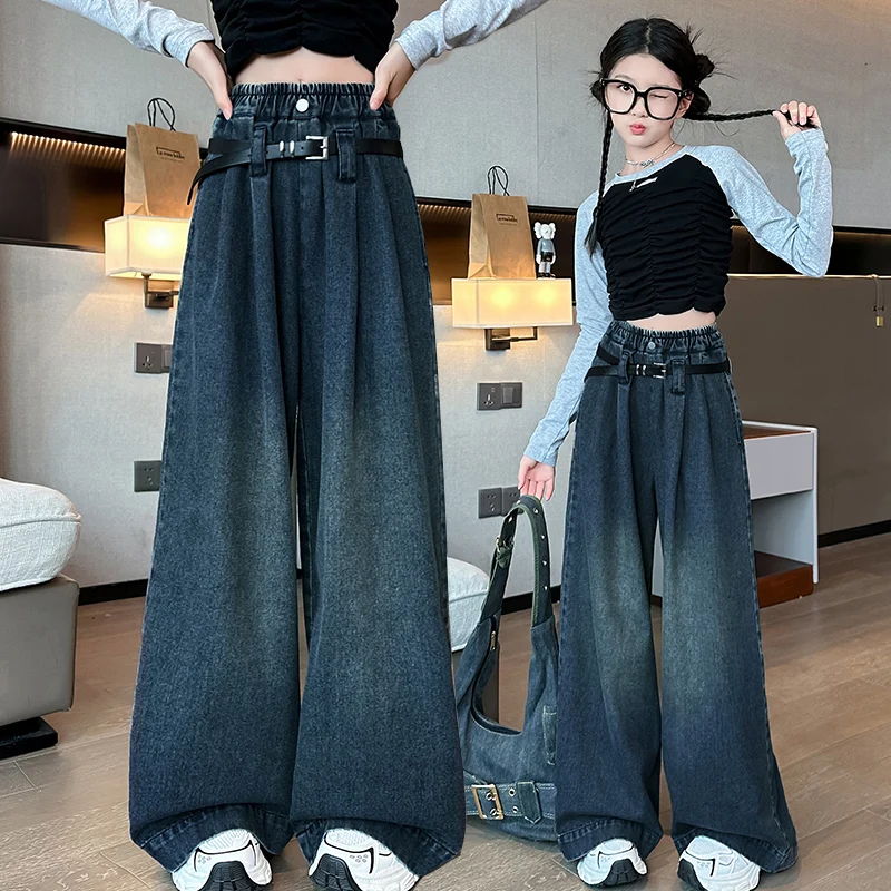 

2025 New Autumn Fashion Solid Dark Blue Jeans Wide Leg Casual Comfortable Trousers with Belt