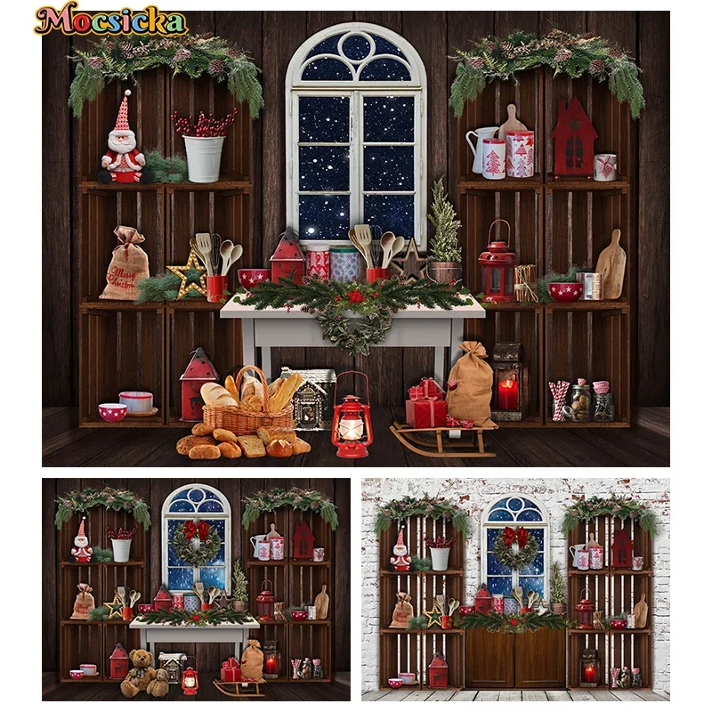 Mocsicka Christmas Decoration Photography Background Vintage Wood Cabinet Window Night Sky Star Gift Lights Photo Backdrop Props