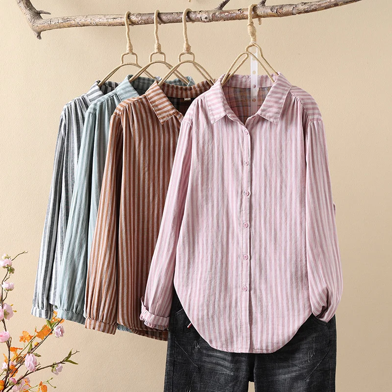 Cotton yarn striped elegant blouses for women 2024 spring long sleeve lapel striped basic shirts women clothing original brands