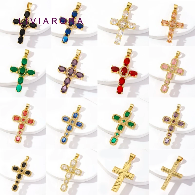1Pc 18K Gold Plated Brass Birthstone Cross Pendant Inlaid Zircon Hip Hop Religious Jewelry Charm For Necklace Making Accessories