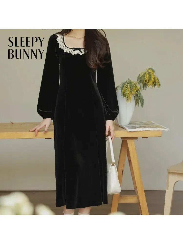Elegante vestido de veludo francês quadrado pescoço vestido preto sereia maxi outfit com mangas compridas cintura fina roupa de noite para a primavera