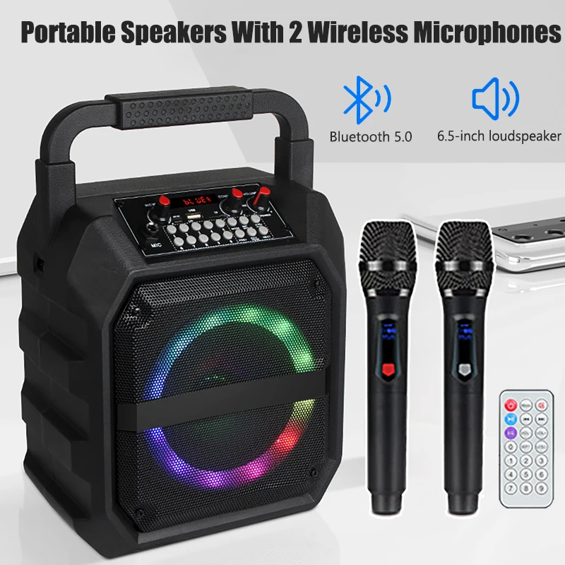 

Wireless Speaker With 2 Handheld Microphones Portable Bluetooth Speakers Home Karaoke System Support TF Card USB AUX FM Play