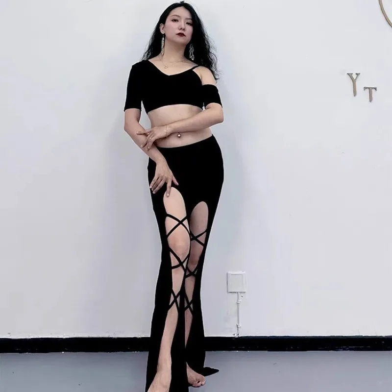 أزياء راقصة شرقية مخصصة ملابس ممارسة ملابس الرقص الشرقي ملابس الرقص الشرقي السوداء مجموعة سراويل حزام ملابس الرقص الغريبة