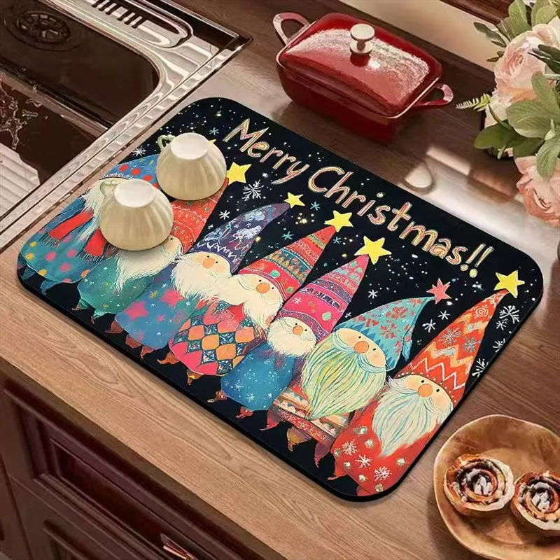 VIKAMA Diatomite Drying Mat, Super Absorbent Quick Dry Non-Slip Kitchen Counter Gnome Tomte Star Holiday Decor