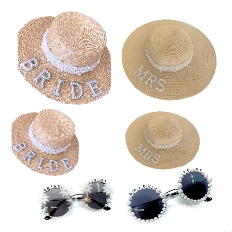 

P88A Pearl Decors Sunglasses Straw Weaving Hat for Summer Sunproof Wedding Bride Hat