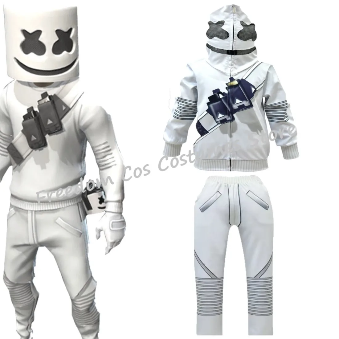 

Kids Cosplay Costume Fortnites DJ Marshmello Cosplay Costume Boys Suit White 3D Print Halloween Pullover pants Party Costume