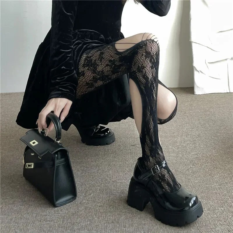 Meia-calça arrastão Lolita para mulheres, punk gótico, harajuku, irregular, buracos rasgados, calças justas de malha, meias florais sexy de renda,