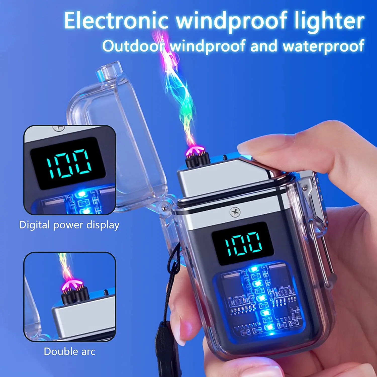 

USB Electronic Charging Lighter Outdoor Windproof Cigarette Lighter Transparent Waterproof Arc Igniter LED Power Display Lighter