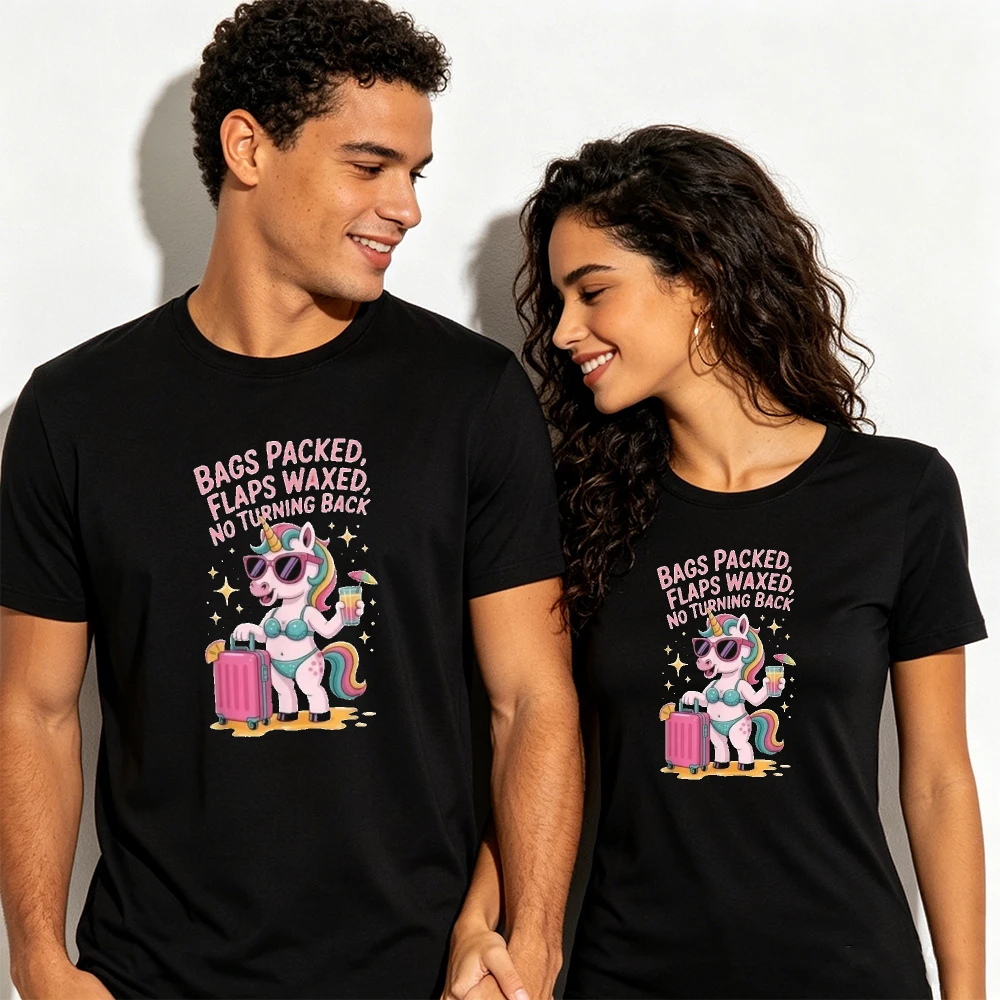 Bags Packed Flaps Waxed No Turning Back Travel Unicorn Graphic Print Unisex Short Sleeve Couple Matching Casual Beach Clothing