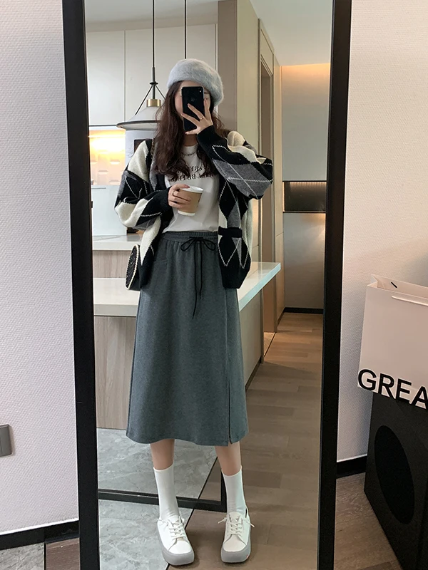 レディース ニット ウール スカート ハイウエスト ストレートカット H-ape カジュアル 通勤 スレ ミッドレングス ワンステップ スプリットスカート