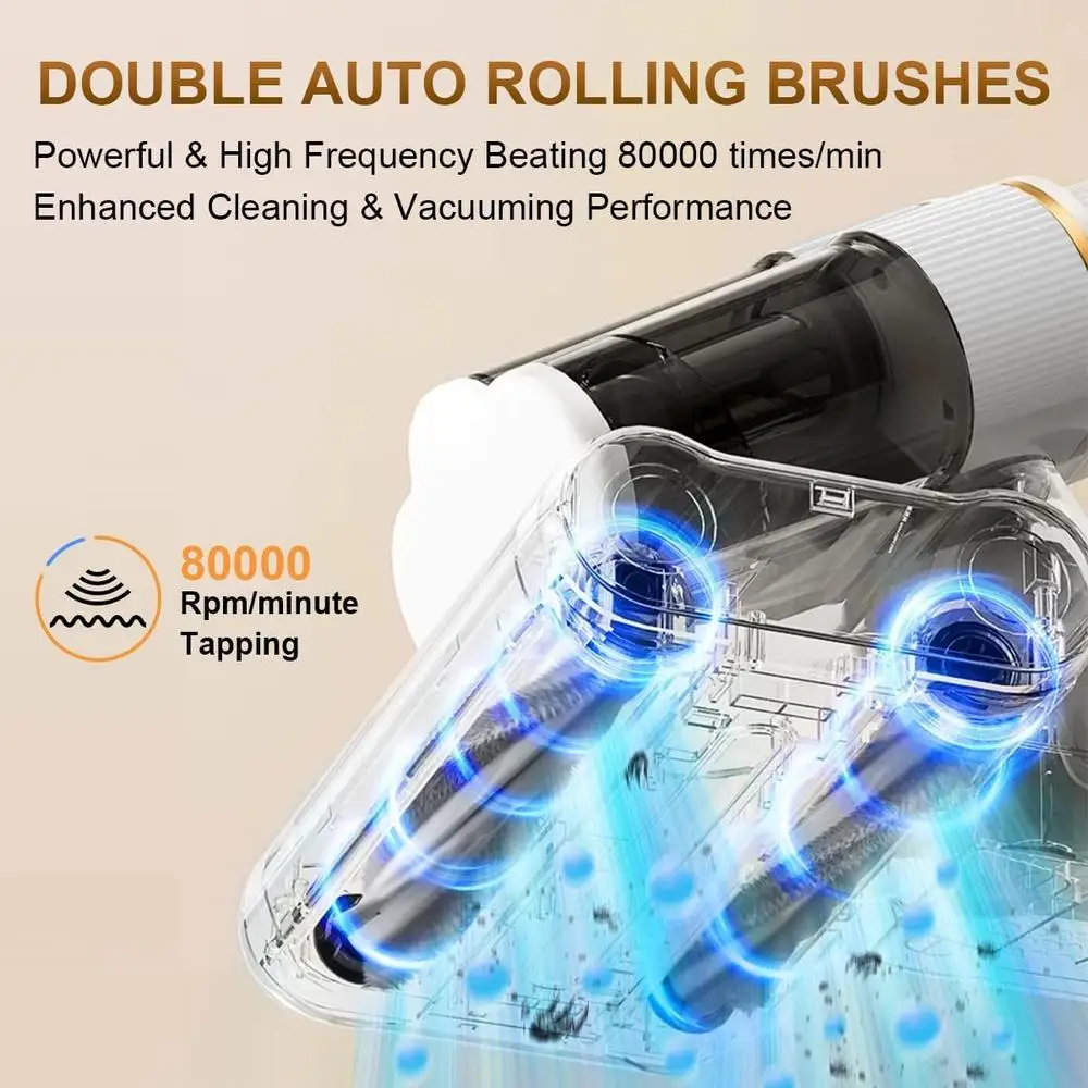 Mattress Vacuum Cleaner 16Kpa Suction UV-C Light 80000rpm Dual Brush Rolls Ultrasonic Heating 6-Stage Filtration 650ml Dust Cup