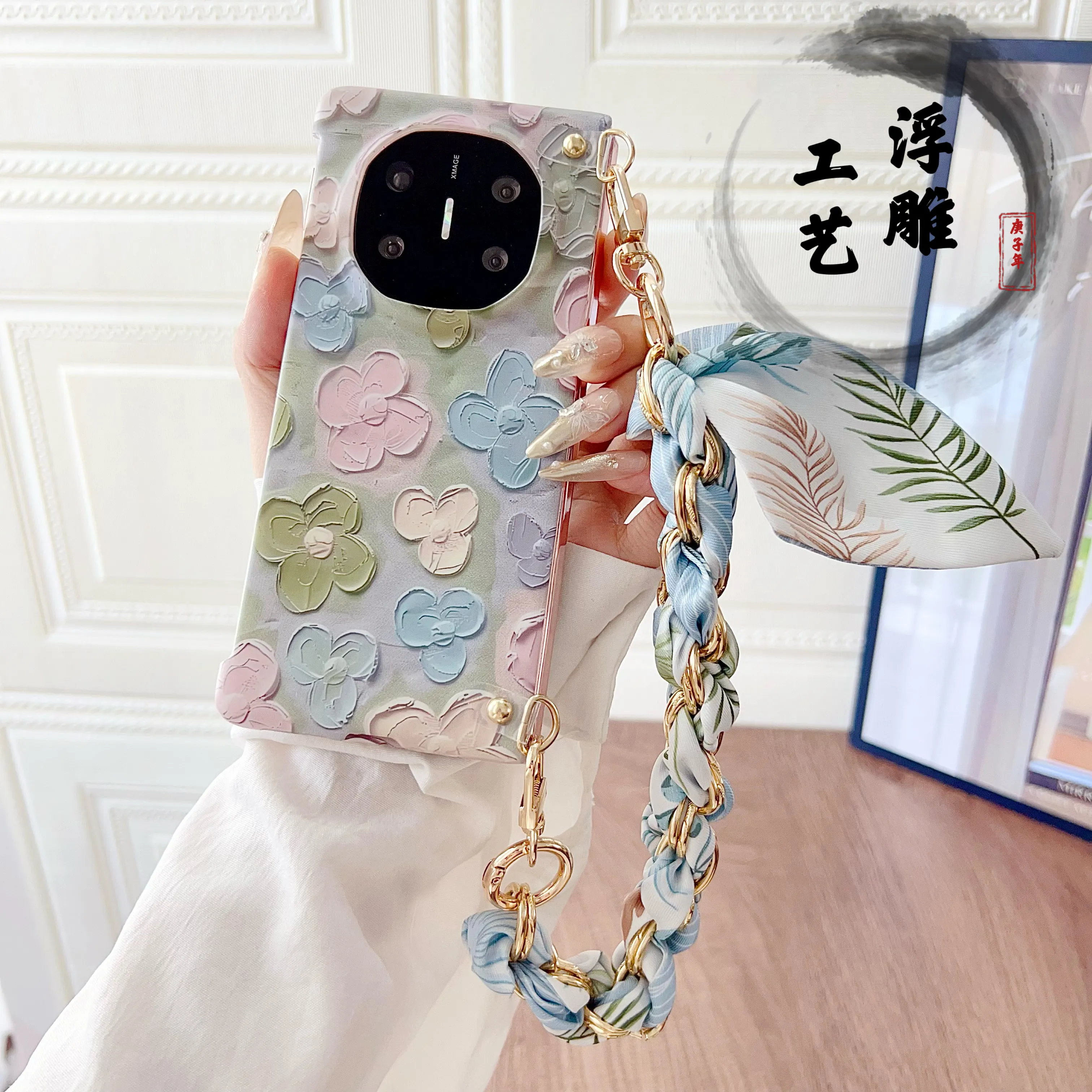 Case For Huawei Mate X6 X5 X3 Fresh flowers Painted Embossed feel Wrist Strap Shockproof Hard PC Cover Capa Shell view 2