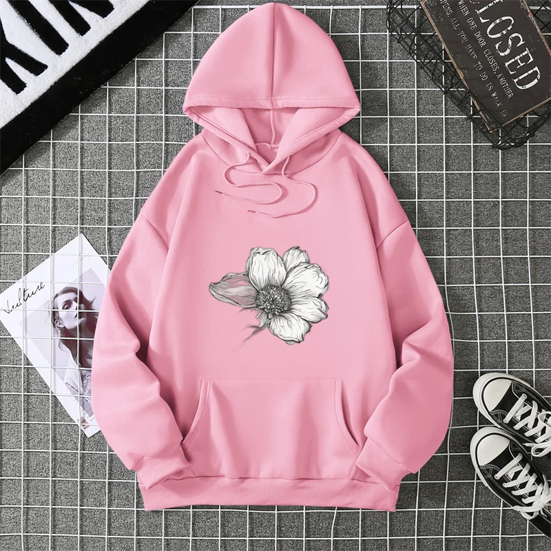 2025 Felpe con cappuccio da donna stampate semplici e bellissime girasole Felpa con cappuccio in pile Harajuku Moda abbigliamento sportivo allentato Tasca Autunno Abbigliamento donna