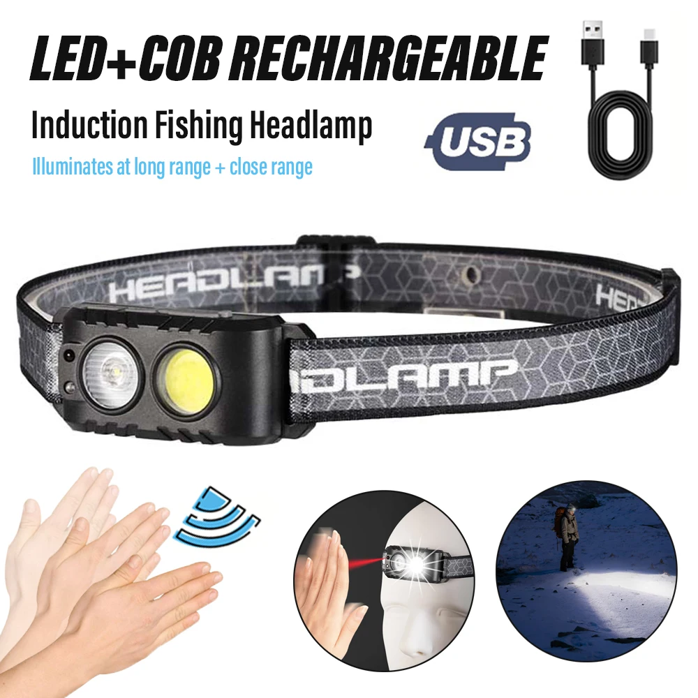 Rechargeable Fishing LED Headlamp MINI Super Bright Headlight Camping Lamp With Infrared Sensor Wave and Turn on the Lights