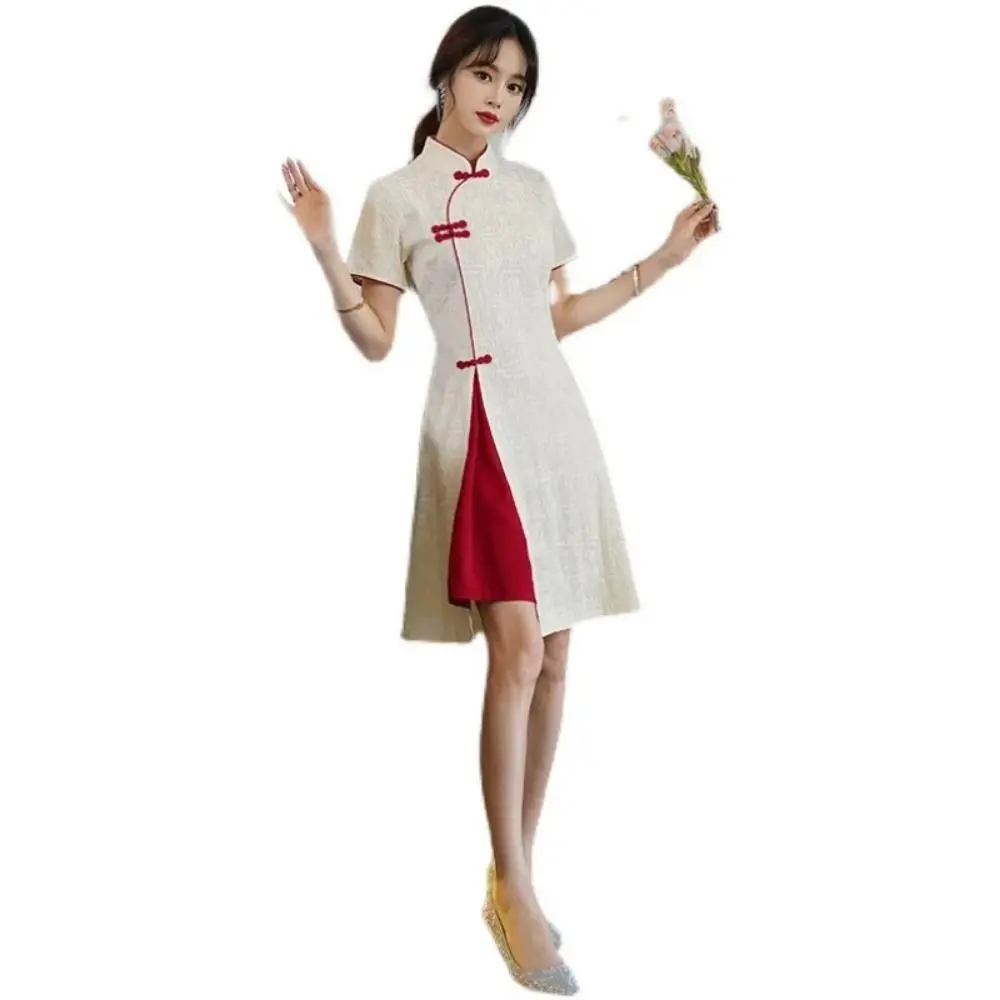 

Платье-ципао с воротником-стойкой и коротким рукавом в китайском стиле, винтажное традиционное китайское платье больших размеров, классический летний чонсам