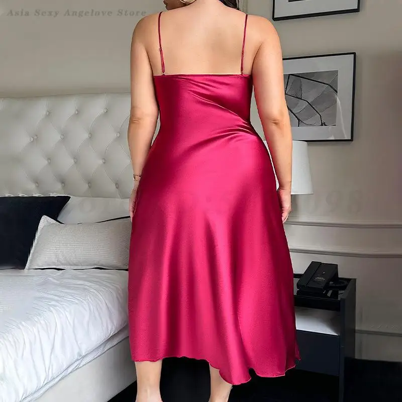 Camisón con tirantes finos para mujer, ropa de dormir de talla grande 5XL, lencería íntima larga, ropa de casa de satén sedoso, ropa de descanso