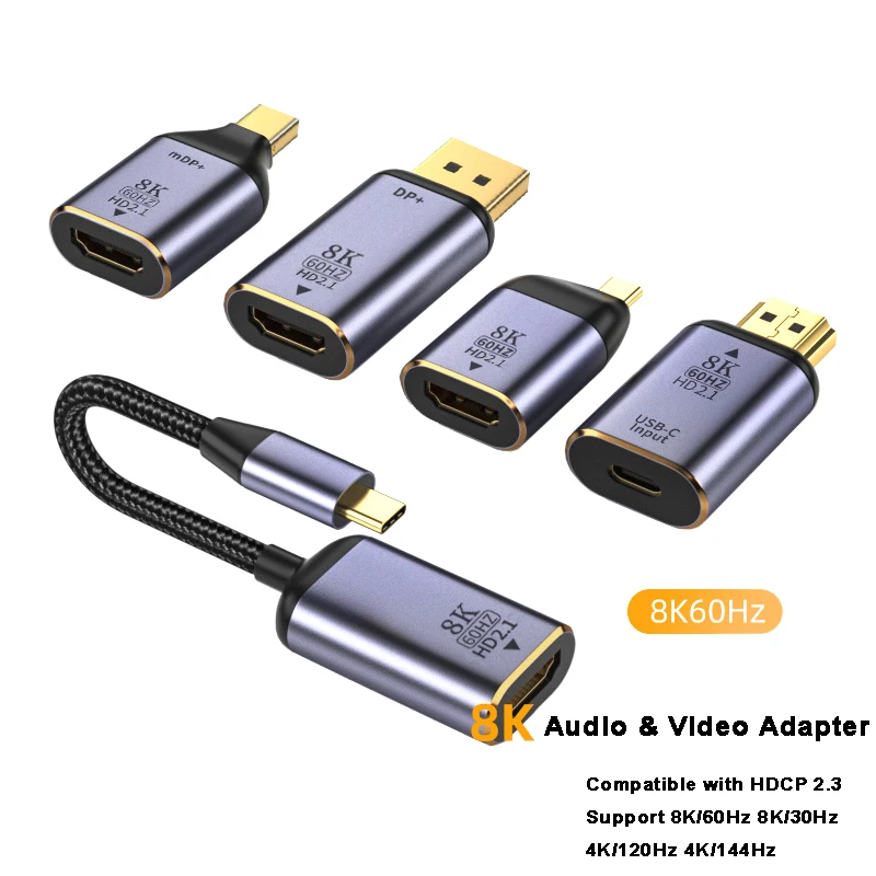 8K@60Hz USB-C to HDMI-Compatible 2.1 Adapter Cable HDR VRR Mini DP / DP Audio Adapter Convertor for MacBook Dell HP 48Gbps 4K