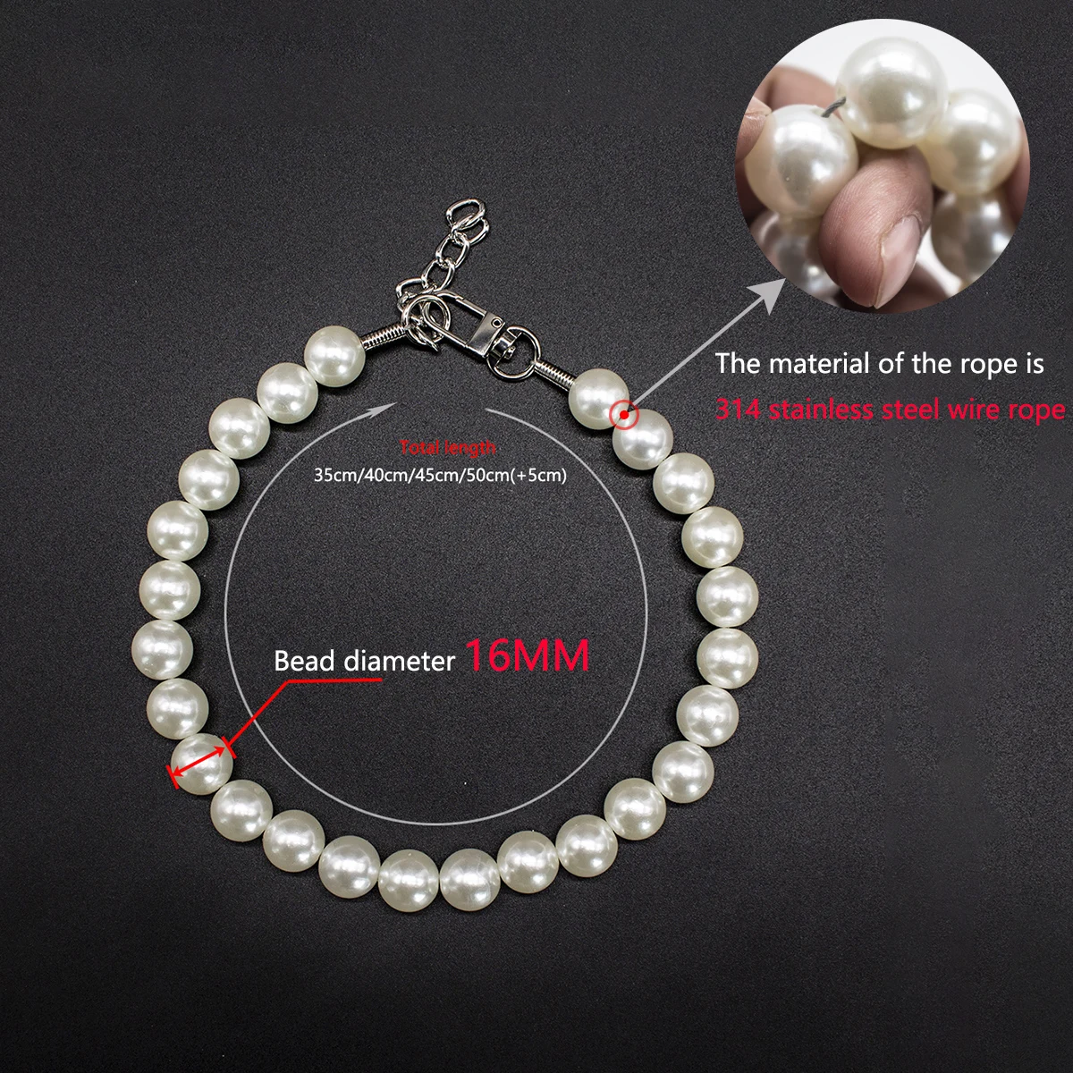 16MM Big Pearl Dog Collar for Small Medium Dogs Brides Luxury Pearl Beaded Pet Leash with Durable Wire Rope Large Dog Necklace