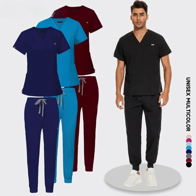 

2024 Elastic Nurse Uniform Women Short Sleeve Scrub Tops Working Pants Jogger Blouse Doctor Working Spa Nursing Scrubs Sets