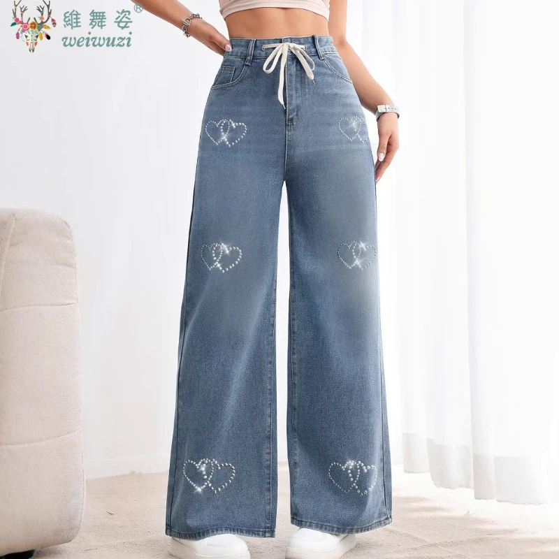 

Элегантные женские джинсы с сердечком и бисером, осенние джинсовые брюки Y2k с высокой талией, повседневные широкие ковбойские брюки, уличная мода, уличная одежда