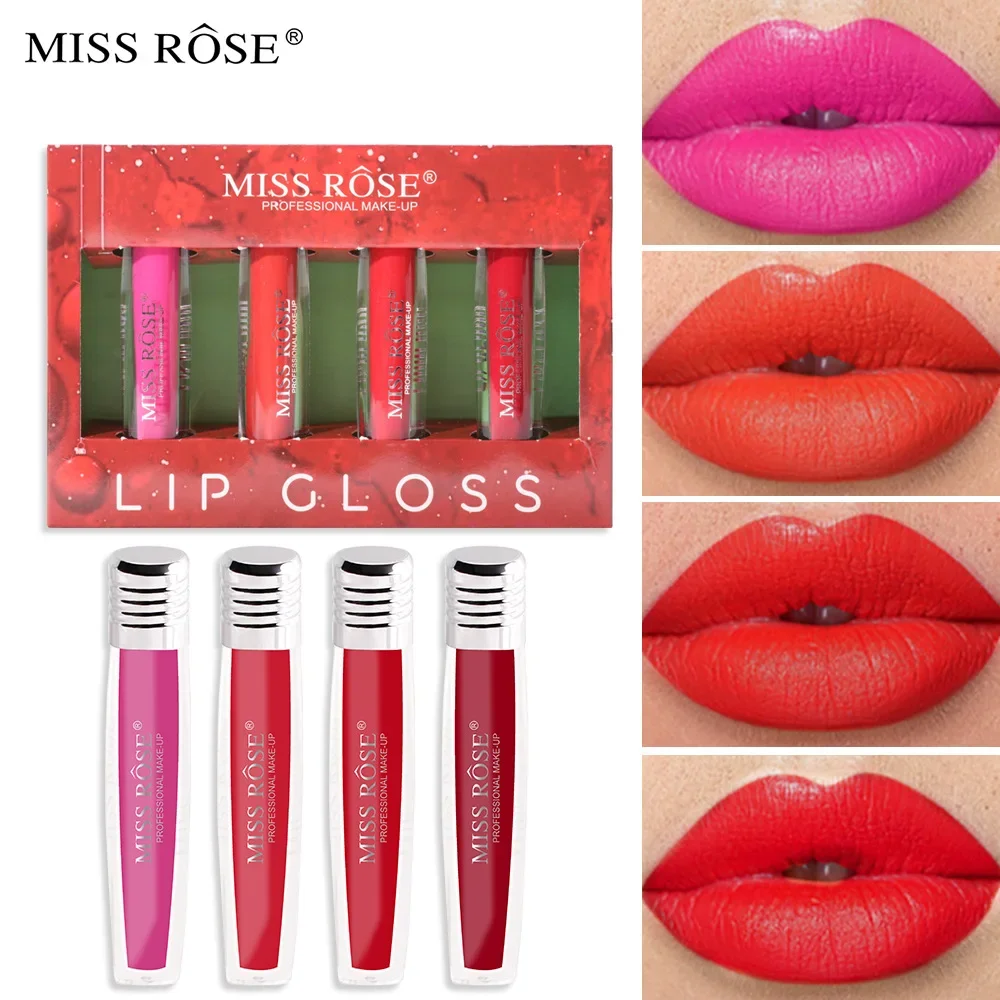 High Quality MISS ROSE Velvet Matte Lipstick Lip Gloss 4 Color/Set Make Up Non-Fade Non-Stick Cup Silky Lipsticks Lip Glaze Sets