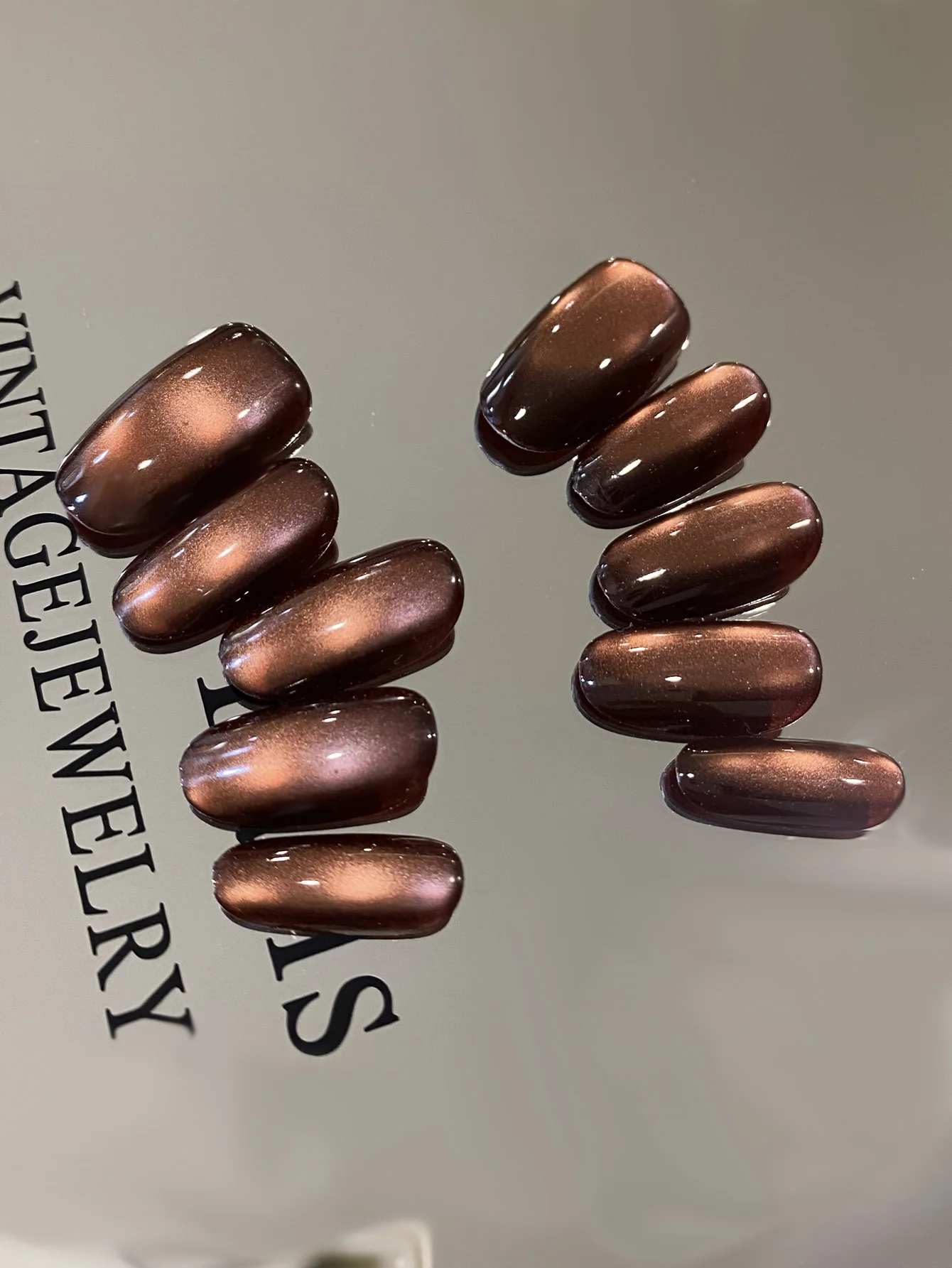 10Pcs Press on Nails Short Brown Cat Eyes Fake Nails Includes 1 Sheet Adhesive Tabs & 1 Pc Mini File image 2