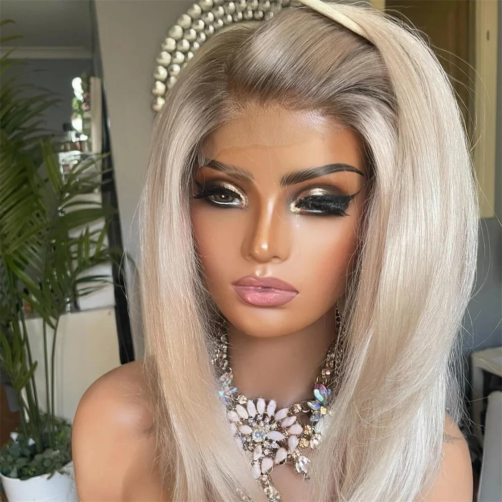Luxury Creamy Blonde Synthetic Lace Front Wigs With Dark Roots Free Parting High Quality 13*4 Wig For Women 14
