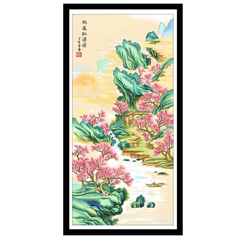 

Vertical version of Peach Blossom Scenery DIY Embroidery Printed Canvas Cross Stitch Kits Craft Needlework Set Cotton/Silk