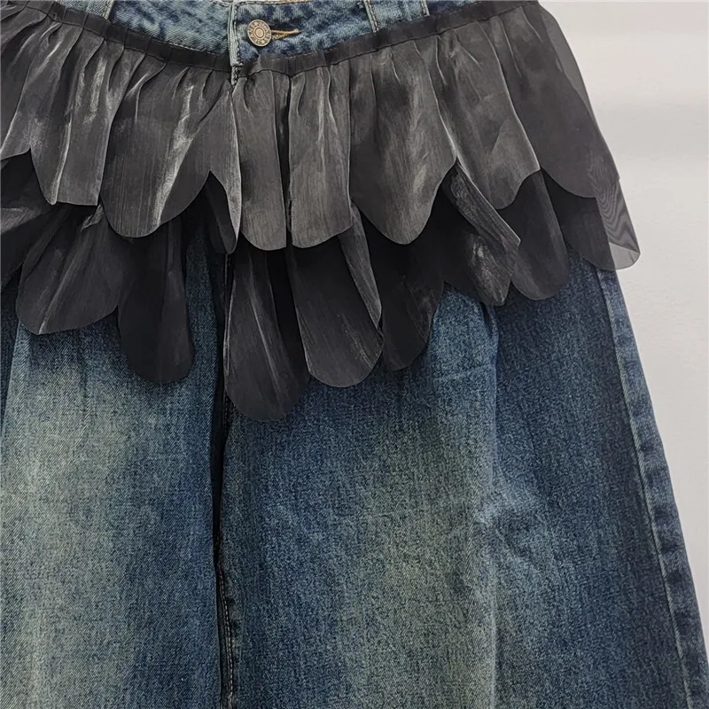 ANJY خريف شتاء جديد إمرأة موضة غير النظامية هيم وهمية قطعتين الجينز العصرية الشارع شيك تنوعا واسعة الساق الدنيم السراويل A16768