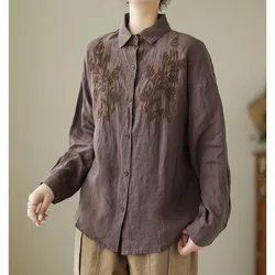 Vintage Fashion Embroidery Spliced Long Sleeve Shirt Women's Clothing Casual All-match Loose Solid Color Single-breasted Blouse