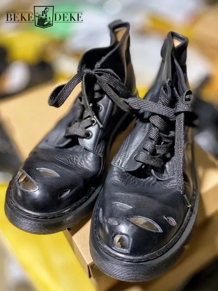 

Youth Men Trend Handmade Cowhide Platform Slip On Ankle Boot Solid Color British Style Genuine Leather Round Toe Lace-Up Boots