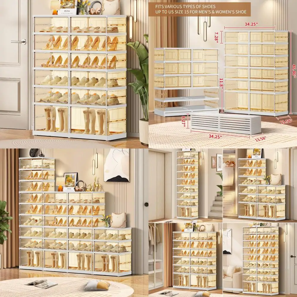 

6-Tier Foldable Shoe Rack for Closet and Entryway, 12-24 Pairs Capacity, Stackable Clear Plastic Shoe Storage Organizer with Doo