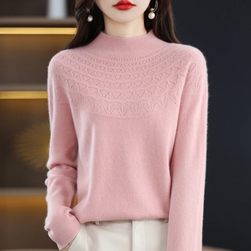 Women\'s Autumn And Winter First-line Half Height Knitted Sweater 100% Wool Sexy Hollow Out Versatile Top Fashion Pullover NJR