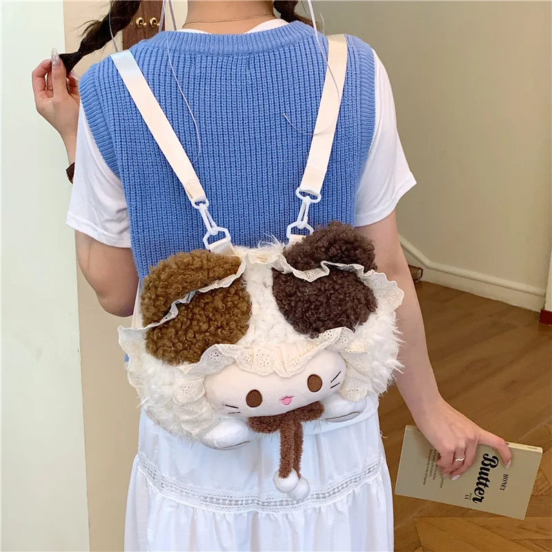 Cute Cartoon Plush Doll Backpack Soft Shoulder Bag for Girl Lightweight Casual Style Zipper Closure Foldable Backpack