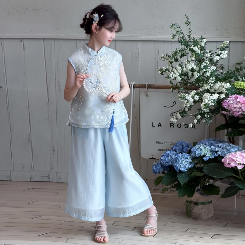 

Elegant Chinese Style Kids Set Lace Embroidery Sleeveless Top + Wide Leg Trousers for Girls Summer New Chinese-Style Two-Piece S