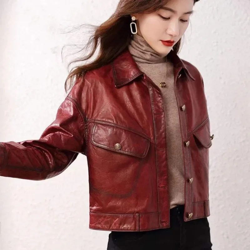 Chaqueta de cuero Natural para mujer, abrigo de piel de oveja auténtica a la moda, color rojo vino, primavera y otoño, 2023