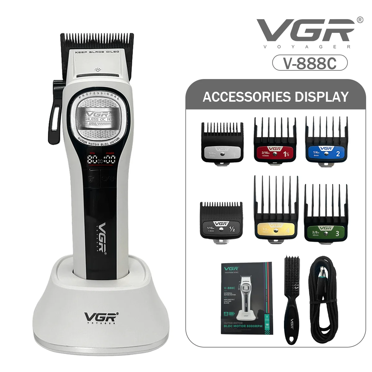 VGR Tondeuse Professionele Haartrimmer Draadloos Haarknipmachine BLDC-motor met buitenrotor Barbier Metalen Tondeuse voor mannen V-888C