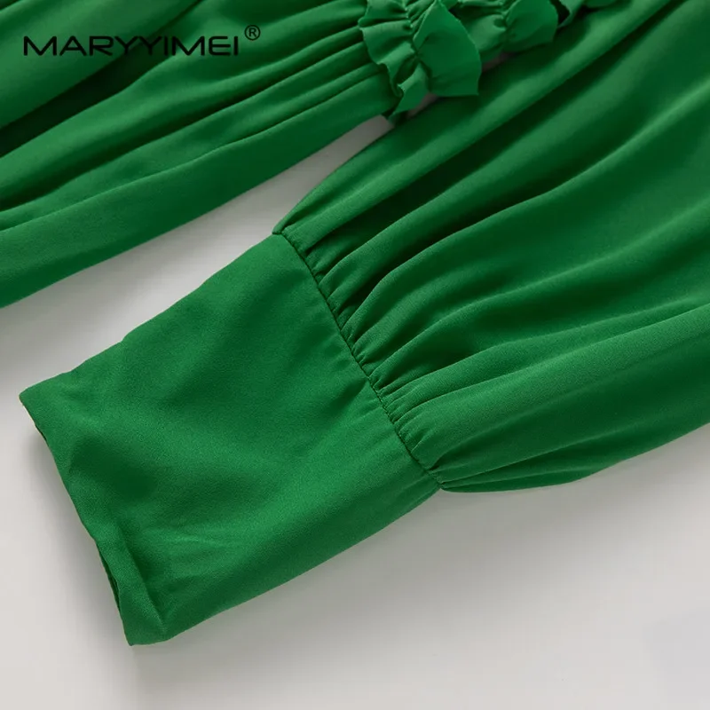 MARYYIMEI Abito da donna vintage in tinta unita Colletto alla coreana Maniche a lanterna Albero commestibile Fungo Bordo Abiti a righe con cintura