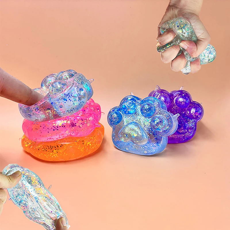 어린이 스트레스 방지 소프트 TPR 슬로우 리바운드 스팽글 핀치 장난감, 스트레스 해소 탄성 압착 컬러 고양이 발 감압 장난감, 1 개