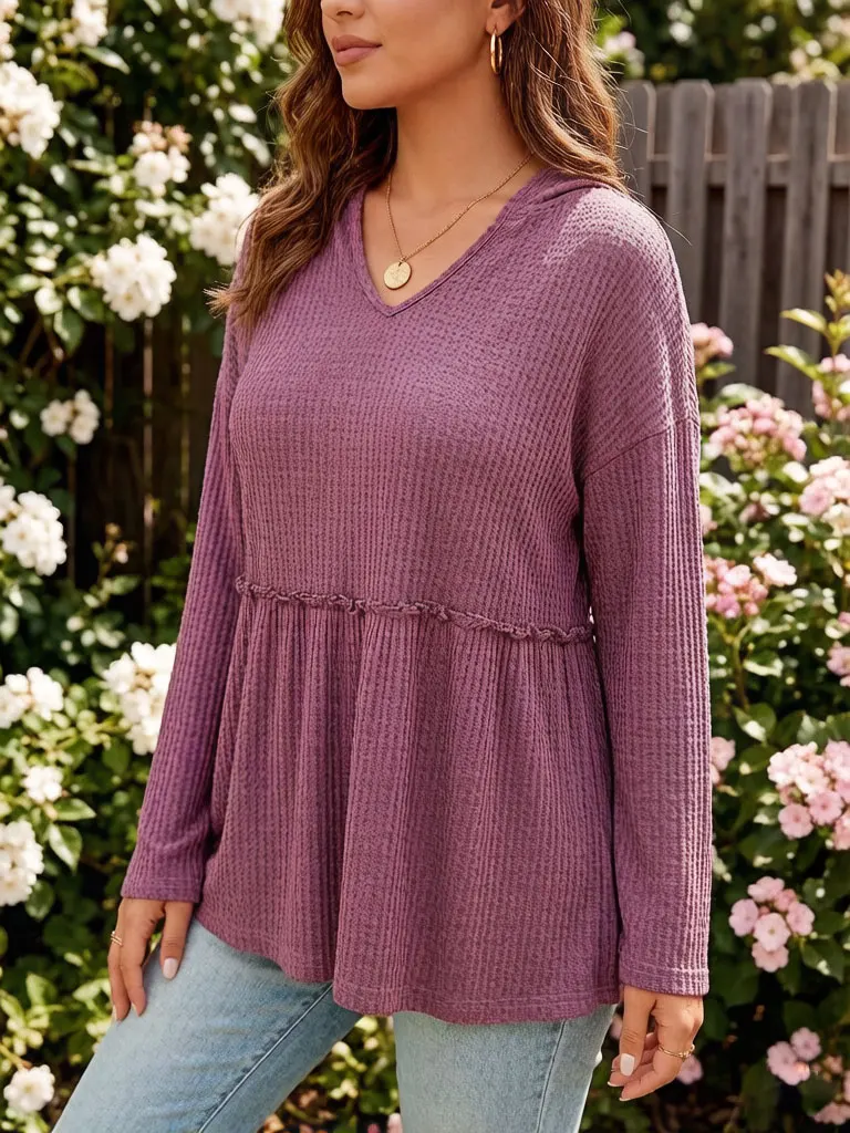 

Women's V Neck Long Sleeve Top, Cinched Waist Drawstring Ruched Sleeves Casual Loose Fit Blouse T-Shirt for Spring Summer