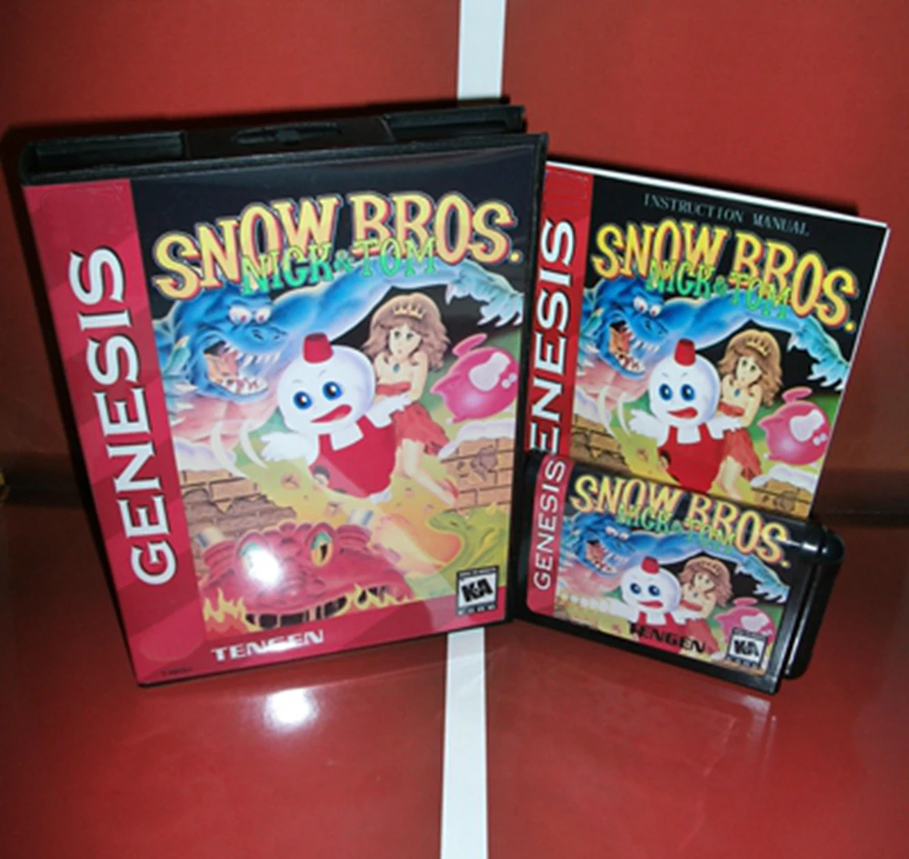 Gran oferta Snow Bros con caja estadounidense y libro Manual, tarjeta de juego MD de 16 bits para consolas Sega MegaDrive Genesis