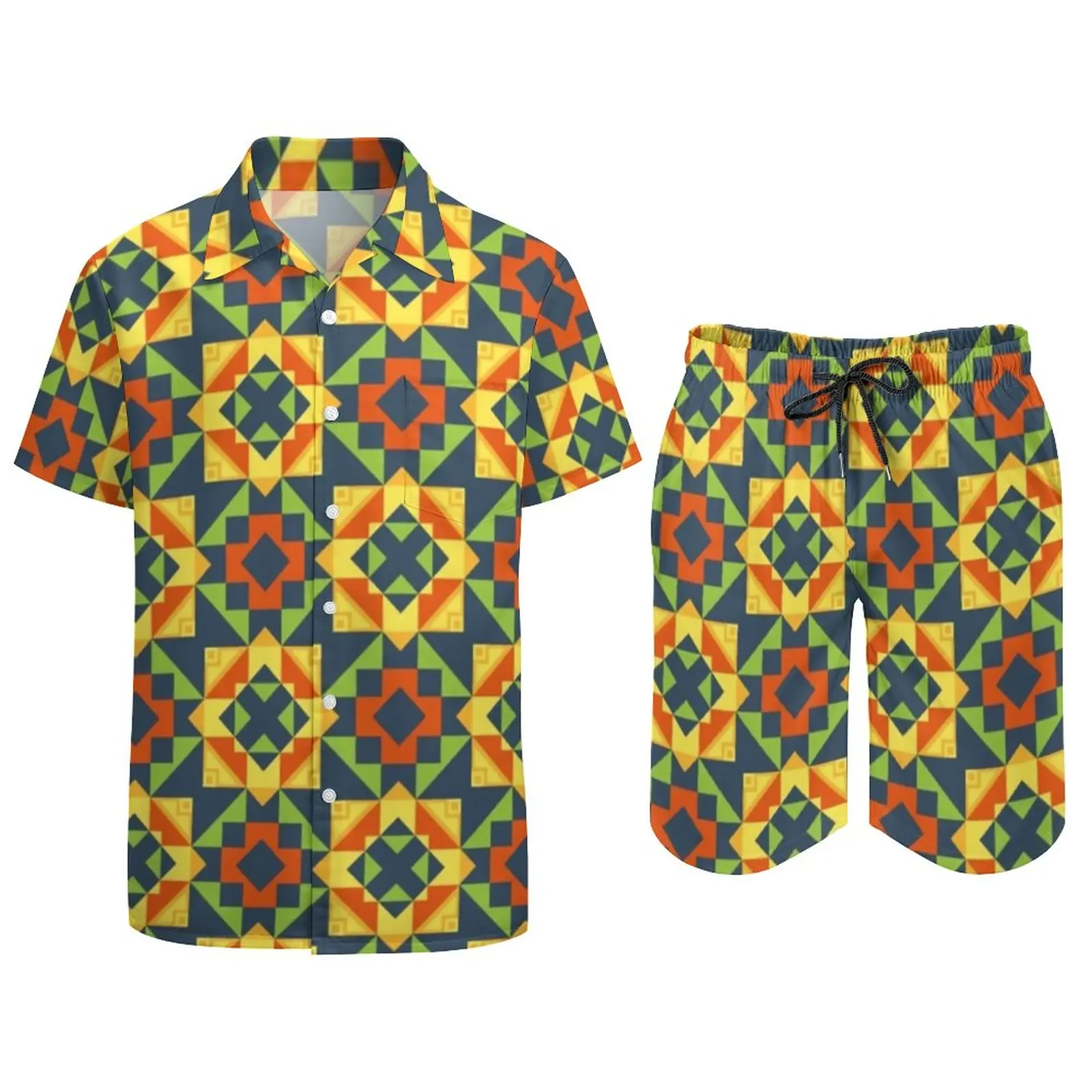 Conjunto de camisa e shorts com estampa geográfica vintage masculino, design casual, moda praia quadrada, terno gráfico de verão, roupas tamanho grande