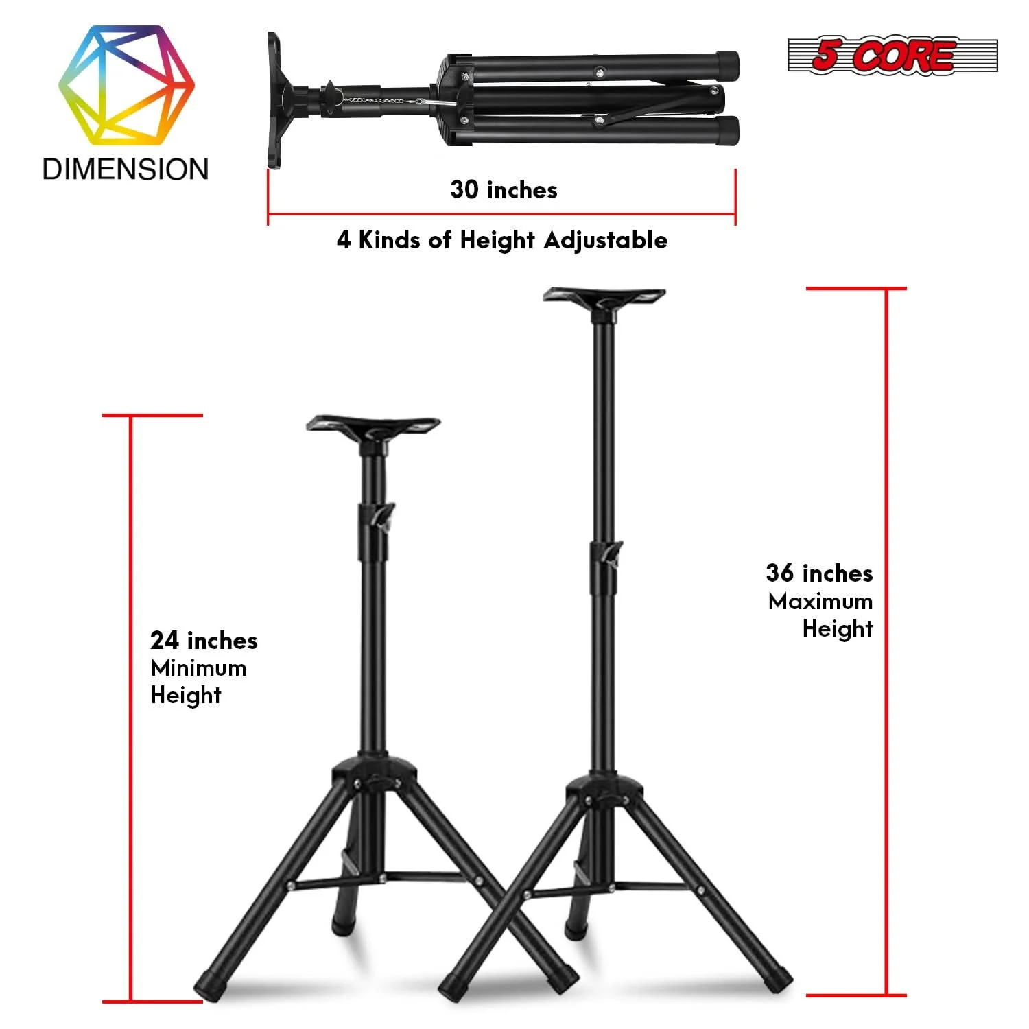 5 Core Speaker Stand Tripod Floor Adjustable 24 - 36 Inch Short DJ Studio Monitor Stands SS HD 1PK 3FT BLK WoB
