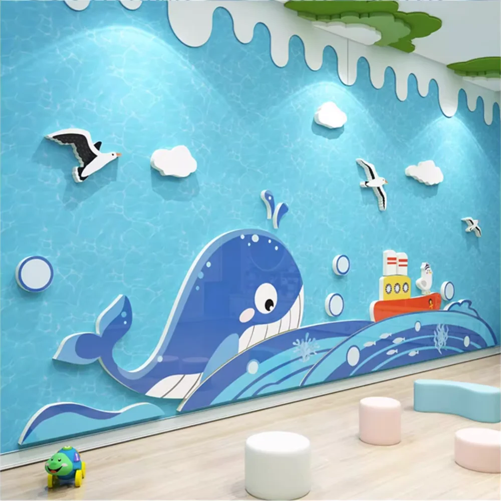 Custom Cartoon fantasy underwater world backdrop mural Blue Whale wallpaper living room backdrop bedroom wall paper home decor