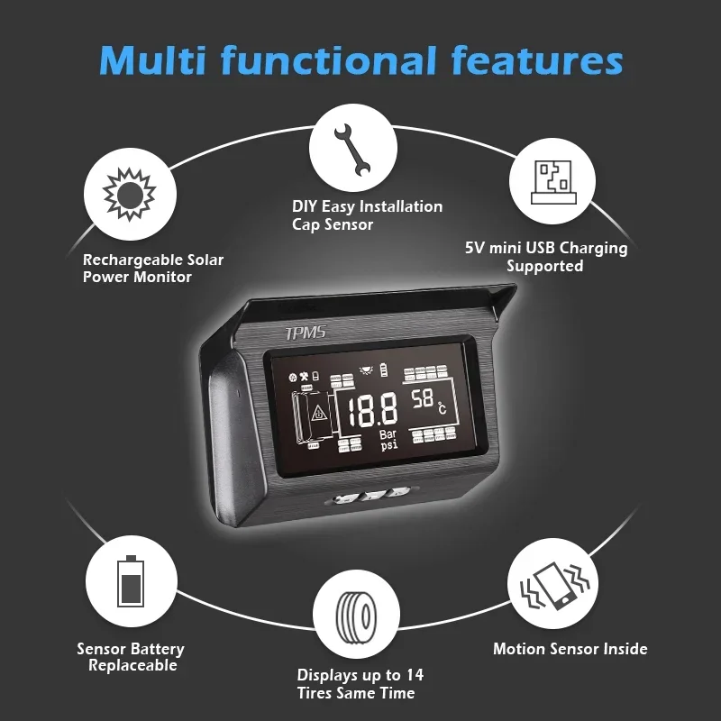 188Psi External sensor & 18wheels Tire Pressure Monitoring system solar power Trailer bus truck TPMS