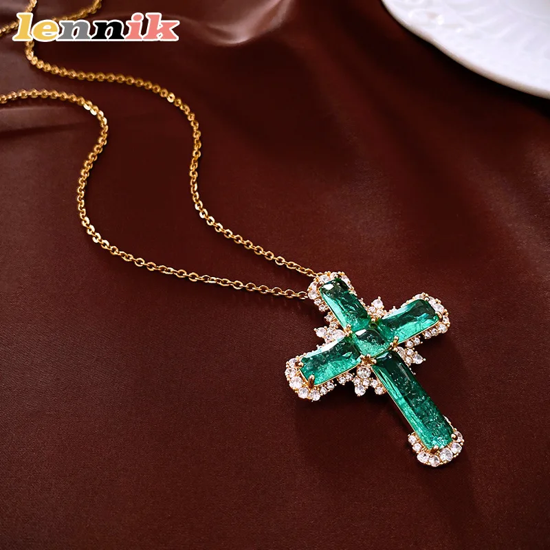 LENNIK Zircon Cross Pendant Necklace - European American Vintage Design, Dainty Collarbone Chain, Luxury Versatile Jewelry