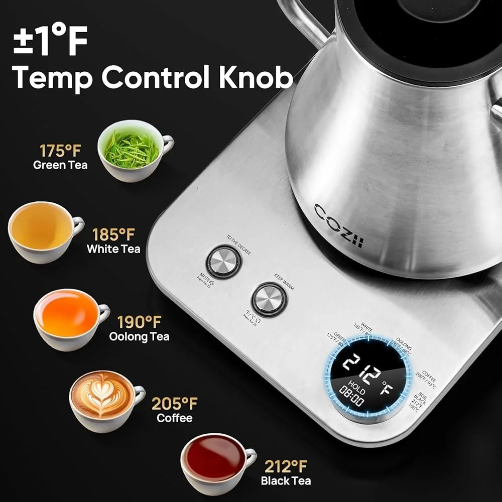 غلاية كهربائية معقوفة 1200 وات تسخين سريع 5 إعدادات مسبقة لدرجة الحرارة ±1 ℉   التحكم في درجة الحرارة، إيقاف تلقائي لمدة 24 ساعة، يشمل الدفء