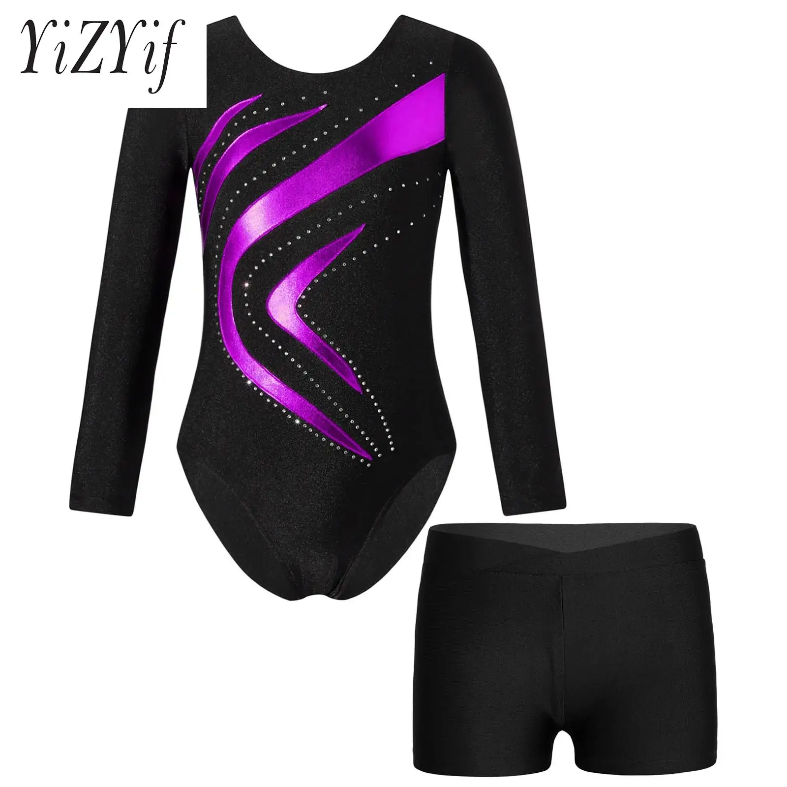 

Kids Girls Dance Set Long Sleeve Shiny Rhinestones Patchwork Leotard with V-front Shorts for Gymnastics Performance Competition